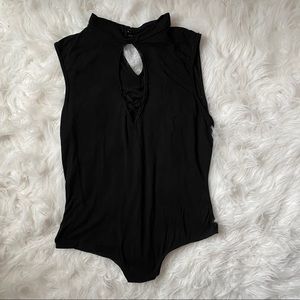 Black Bodysuit Keyhole V-Neck Soft Slim Fit